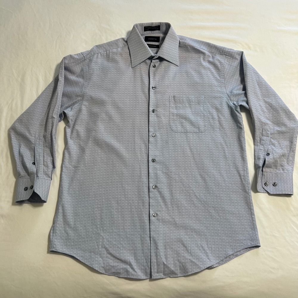 Claiborne Mens Dress Shirt Blue Grey Grid Wrinkle Free Cotton 16 32/33 Large